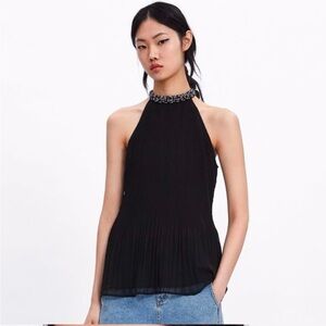 Zara Black Halter Blouse with Embellished Neckline